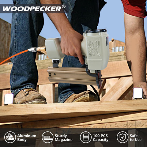 Beast Heavy Duty Pneumatic Concrete T Nailer for 14 Gauge Nails Three Quarters to Two and a Half Inches in use on wooden deck