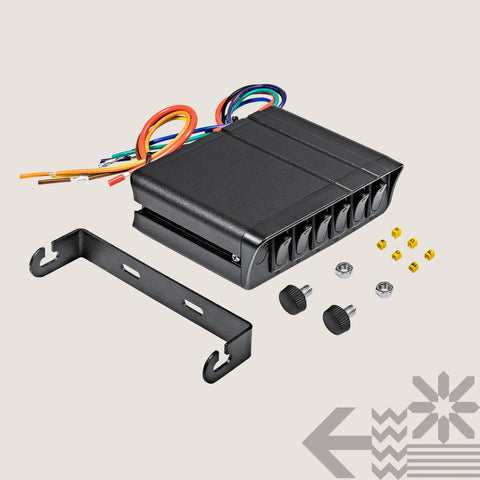 6 Gang 12V Rocker Switch Box With 40 Amp Max Heavy Duty 12 AWG Wiring SPST On Off Panel for Auto Marine shown with accessories