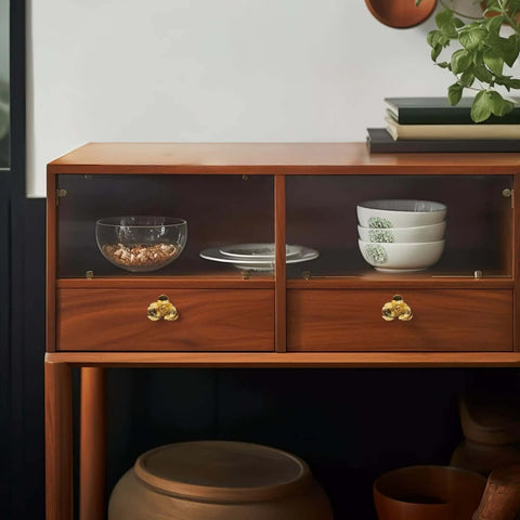 Wooden cabinet with Six Piece Gold Cabinet Knobs Set With Flower Shape Zinc Alloy Vintage Pulls for drawers.