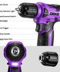 Purple 126-Piece Grab-And-Go Home Repair Tool Set With 8V Cordless Drill, LED Light, Storage Case, Lightweight 1.65 lb Mini Drill For Wood And Plastic, All-In-One DIY Kit For Quick Fixes And Everyday Projects, front view with chuck and LED