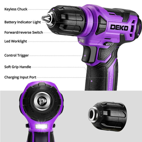 Purple 126-Piece Grab-And-Go Home Repair Tool Set With 8V Cordless Drill, LED Light, Storage Case, Lightweight 1.65 lb Mini Drill For Wood And Plastic, All-In-One DIY Kit For Quick Fixes And Everyday Projects, front view with chuck and LED