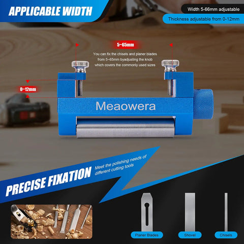 Pro Grade Chisel Sharpening Kit with Honing Guide, adjustable for 5-66mm width and 0-12mm thickness, shown on a woodworking table.