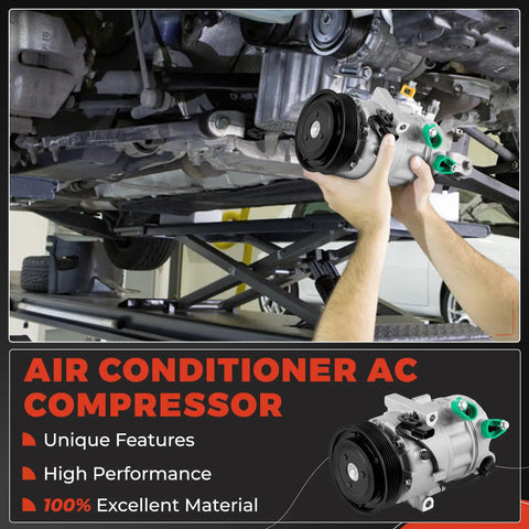Hands holding Premium Air Conditioner AC Compressor With Clutch for Hyundai Elantra 2014 2016 and Kia Forte 2014 2016 under a car.