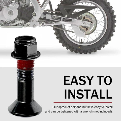 Close-up of Six Piece Sprocket Bolt And Nut Kit For Motorcycle Chain Drive Stainless Steel Heavy Duty Hardware Set with dirt bike