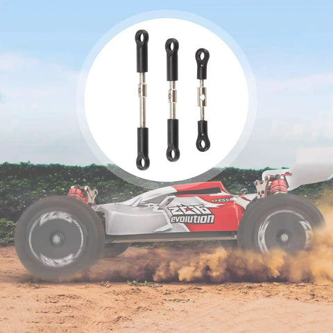 7 Piece Front And Rear Tie Rod Servo Link Rod Set With Ball Heads For 144001 144010 124017 And 124019 RC Cars Durable Metal And Plastic Upgrade Easy To Install Precision Steering Replacement Parts, shown with RC car