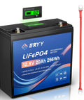 12V 20Ah LiFePO4 Battery With 30A BMS And LCD Voltmeter, shown with display and connectors, for fish finders and camping lights.