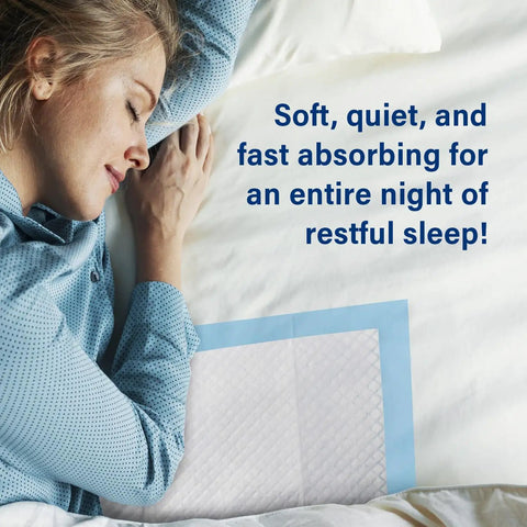 Woman resting on bed with Real Good 36X36 Inch Adult Pee Pads That Slap With Massive Absorbency and Odor Control.