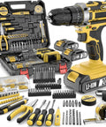 Heavy Duty Workhorse 20V Cordless Drill And Driver Tool Kit With 10Mm Keyless Chuck Includes Lithium Ion Battery Pliers Socket Set Drill Bits And Durable Carrying Case For Any DIY Gig displayed with power tools and accessories.