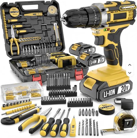 Heavy Duty Workhorse 20V Cordless Drill And Driver Tool Kit With 10Mm Keyless Chuck Includes Lithium Ion Battery Pliers Socket Set Drill Bits And Durable Carrying Case For Any DIY Gig displayed with power tools and accessories.