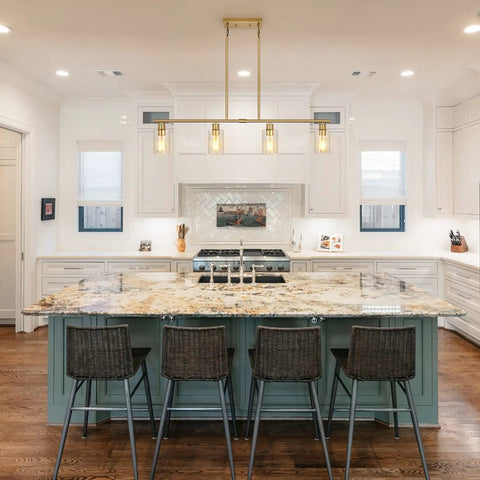 Modern Gold Kitchen Island Chandelier 4 Light Dope Brushed Brass Farmhouse Pendant With Glass Shades Industrial Style Hanging Lamp For Dining And Living Room illuminating a stylish kitchen.