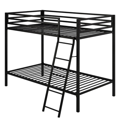 Twin Over Twin Bunk Bed With Secure Side Rails And Quick Rise Ladder Heavy Duty Steel Rig Built Tough 400 Lb Weight Capacity Room Saving Sleep Stack In Fresh Black Finish, side view with ladder.