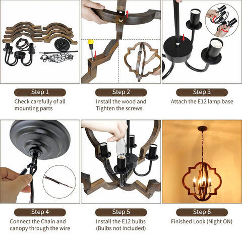 Assembly guide for Farmhouse Wood Orb Chandelier With Four Lights, Rustic Pendant Lighting For Kitchen Island, Dining Room, Foyer Or Living Room