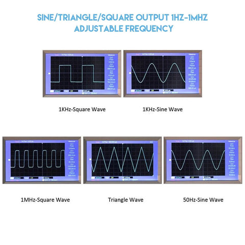 XR2206 Function Signal Generator Module For DIY Projects displaying various waveform outputs on oscilloscopes