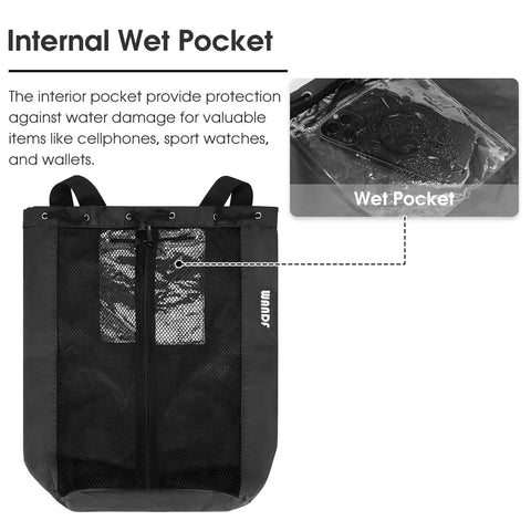 Medium Go-To Swim Bag For Swimmers With Full Open Mesh Beach Backpack Design showing internal wet pocket feature.