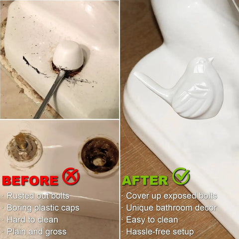 Slick White Bird Ceramic Toilet Bolt Covers Decorative Set Of Two Hides Rusty Floor Fasteners For Total Bathroom Glow Up No Fuss Install Smooth Home Refresh For Any Space, before and after comparison.