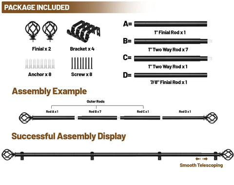 Package contents for Black Curtain Rods Extendable From 32 To 144 Inches Heavy Duty 1 Inch Drapery Rod With Twisted Cage Ends