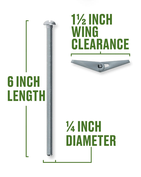Round Head Machine Screw Toggle Bolts For Drywall Plaster Tile And Hollow Block With Spring Action Wings To Create Firm Backing Behind Hollow Walls And Large Bearing Surface For Even Load Distribution Pre Drill Required 50 Pack Quarter Inch By Six Inch