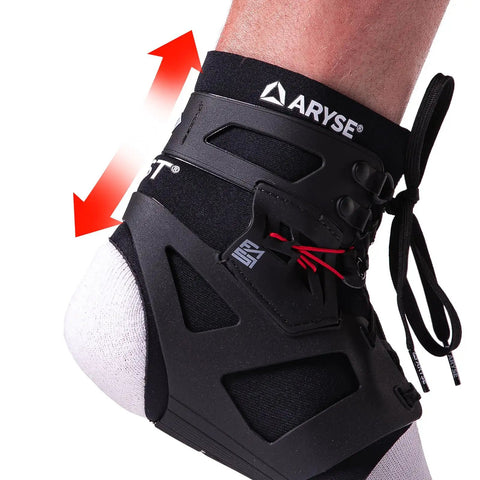 Close-up of black Ifast Ankle Brace Ankle Stabilizer for men and women with left or right foot support, showing secure fit and design.