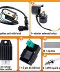Ride Ready CDI Box Ignition Coil With Starter Solenoid And Voltage Regulator Bolt On And Plug And Play components laid out