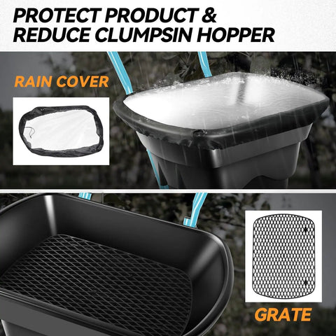 Walk Behind Broadcast Spreader With 80 Lb Capacity For Fertilizer Salt Ice Melt Grass Seed And Lawn And Garden Care Pro Grade Heavy Duty With Side Spread Control showing rain cover and grate details