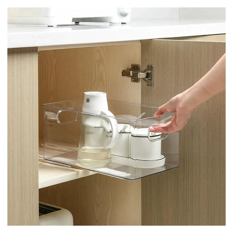 Rock Solid Heavy Duty Ball Bearing Drawer Slides Pair And Smooth As Silk Side Mount Tracks For Cabinets And Furniture With Cold Rolled Steel Full Extension Glide, showing a clear storage container being pulled from a cabinet.