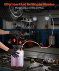 Heavy Duty Manual Transmission Fluid Transfer Pump Featuring Five Liter HDPE Tank Forty Eight Inch Flexible Hose in use for refilling.