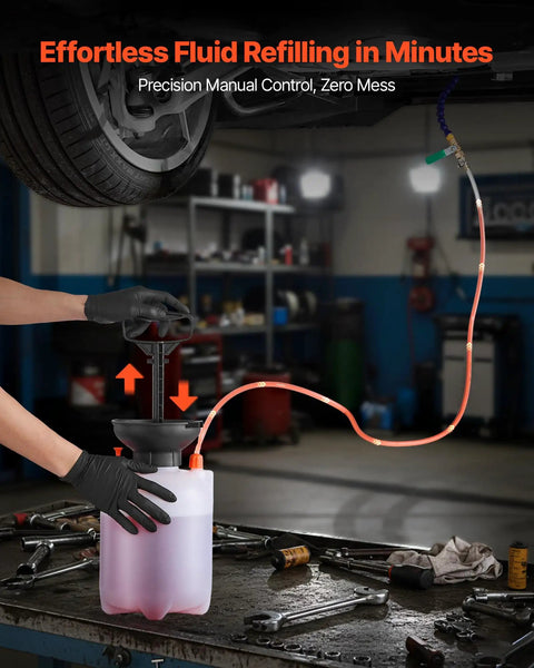 Heavy Duty Manual Transmission Fluid Transfer Pump Featuring Five Liter HDPE Tank Forty Eight Inch Flexible Hose in use for refilling.