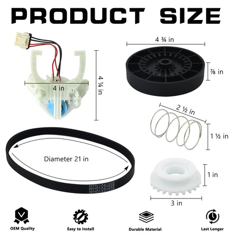 Washer Shift Actuator Replacement Kit With 5 Piece Drive Belt Set For Washing Machine Repair Must Have Includes Clutch Clutch Spring Transmission Drive Pulley And Nut. Product size chart with actuator, belt, pulley, spring, and nut