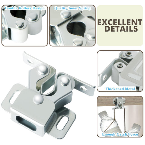 Double Ball Roller Cabinet Door Latch and Catch Kit for Cupboard Closets Easy Install Hardware Cold Rolled Steel Silver Detail