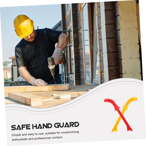 Man using a drill near construction site; two red/yellow push blocks overlapping with text stating 'safe hand guard'. Alt: 2 Pack Red Push Blocks For Table Saw And Jointer, Pro Grade High Visibility Push Sticks For Woodworking Safety, Easy Grip Push Block Set, Durable Woodworking Accessories.