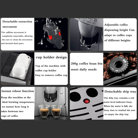 Features of No Sweat Fully Automatic Espresso Machine With Quiet Integrated Grinder showing cup holder and drip tray.