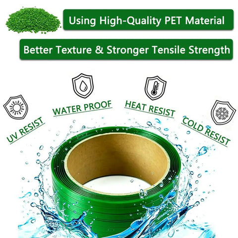 Hold Tight Heavy Duty Pet Polyester Strapping Roll 5 8 Inch.035 Thick 500 Feet shown with features of waterproof and UV resistance.