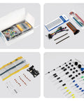 Totally Upgraded Electronics Fun Kit With Power Supply Module And Jumper Wires Precision Potentiometer 830 Tie Points Breadboard Compatible With Arduino And STM32 Over 300 Components Tutorials And Datasheet Included contents