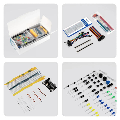 Totally Upgraded Electronics Fun Kit With Power Supply Module And Jumper Wires Precision Potentiometer 830 Tie Points Breadboard Compatible With Arduino And STM32 Over 300 Components Tutorials And Datasheet Included contents