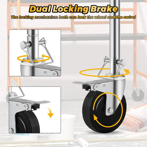 Tough As Nails 5 Inch Scaffolding Wheels Set Of Four Swivel Casters With One Inch Round Stem Dual Lock For Industrial Platform Towers 440 Pound Capacity Workhorse Rig showing dual locking brake mechanism.