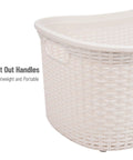 Close-up of ivory plastic hamper with premium wicker look and cut-out handles, 40L Laundry Basket With Lightweight Build And Premium Wicker Look Ivory Plastic Hamper For Easy Laundry Hauls Space Saver For Small Bathrooms And Closets Ideal Carrier For Sorting And Transport.