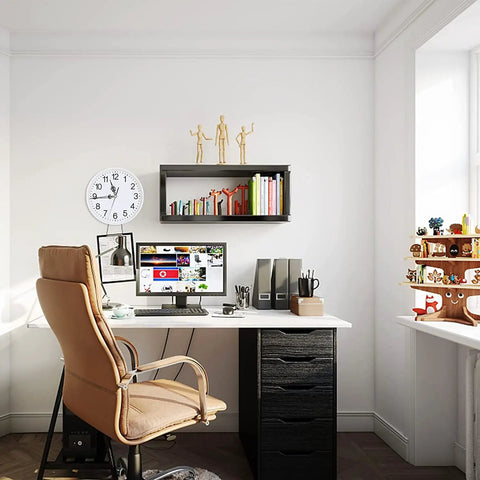 Stylish office with wall clock, bookshelves, and decorative items offering a modern workspace vibe with natural light from the window.