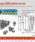 13pcs ER20 collect set sizes with detailed dimensions for precision CNC machining and woodworking applications.