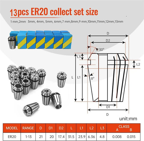 13pcs ER20 collect set sizes with detailed dimensions for precision CNC machining and woodworking applications.