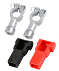 Two Pack Top Post To Side Post Battery Adapter For Cars And Trucks Heavy Duty Metallic Clamps with red and black plastic covers.
