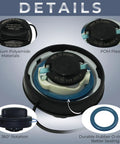 Details of Mercedes Benz Gas Cap Replacement 2224700205 showing polyamide material, POM plastic, and rubber O-ring for sealing