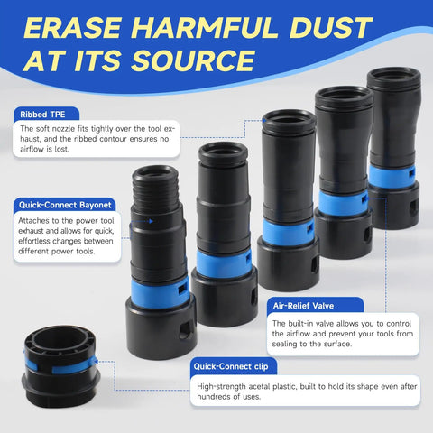 Adapters from 16 Ft Dust Collection Hose Kit For Home And Workshop Vacuum Systems With 1 1/4 Inch Hose 360 Degree Quick Connect.