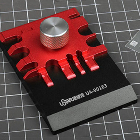 Metal Small Etched Parts Bender Model UA90183 for hobbyists, red and silver tool on grid background