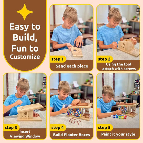 A child assembling a Modern Birdhouse DIY Kit For Kids And Adults Build Your Own Woodworking Craft Easy Fam Bonding Project For Skill Building Creative Woodworking Kit For Home Decor And Fun.