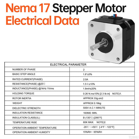 NEMA 17 stepper motor, front view: silver faceplate, black housing, protruding shaft.