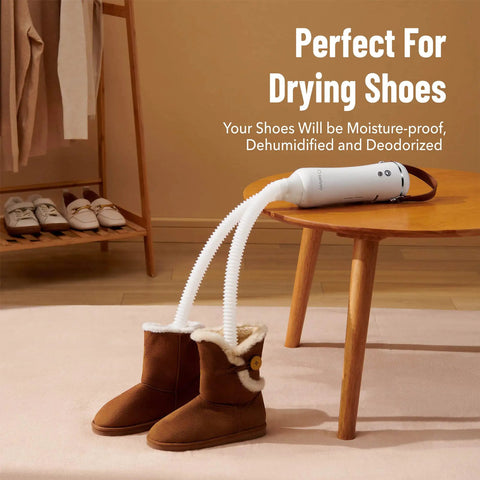 Portable Electric Clothes Dryer With Shoe Drying Attachment on brown boots, ultra quiet motor, travel-friendly, drying shoes
