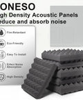24 Pack Hella Thick Acoustic Foam Panels Crafted To Knock Out Studio Reverb And Quiet Down Busy Rooms For Home Offices Creative Spaces And Relaxing Lounges Premium Density Tiles stacked in a modern space.