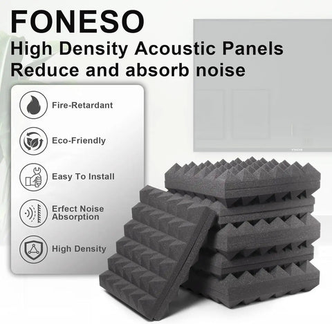 24 Pack Hella Thick Acoustic Foam Panels Crafted To Knock Out Studio Reverb And Quiet Down Busy Rooms For Home Offices Creative Spaces And Relaxing Lounges Premium Density Tiles stacked in a modern space.
