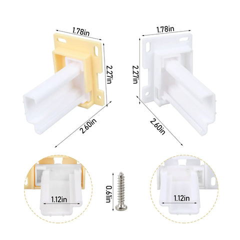 Built Different White Drawer Slide Socket Kit For Fast RV Camper Remodels Featuring Heavy Duty One Inch Rail Bushings dimensions and detail view.