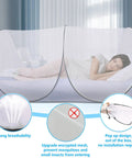 Extra Large Pop Up Mosquito Tent For Bed Camping And Travel Portable Foldable Net with person sleeping, breathable mesh visible